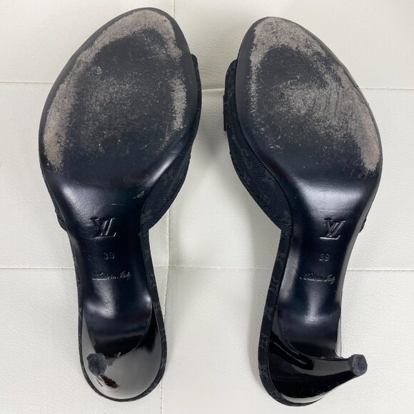 Louis Vuitton Monogram Denim Open Toe Mules | Black Patent Bow | Size 39 | EUC - Picture 10 of 15